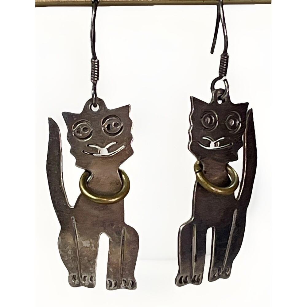 Silver and Gold Cat Dangle Earrings - Women's Jewelry - Picture 5 of 16